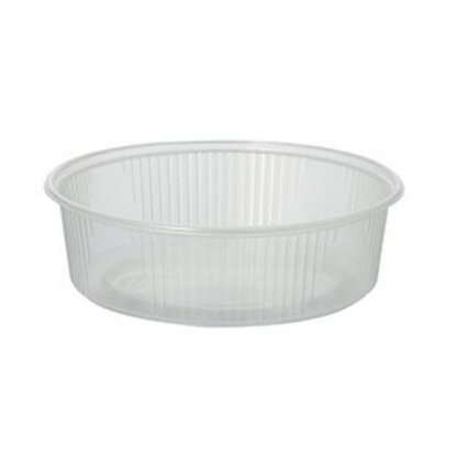 The Starpak 100 packaging cup is a clear, round 125 ml PP food container with a ribbed exterior, shown empty against a white background. Ideal from Starpak for versatile food packaging needs.