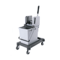 The Vileda Vertical Press Single Bucket System from Vileda GmbH includes a gray mop bucket with a vertical press wringer, mounted on a trolley bucket cart. The cart is equipped with four wheels and a black handle for effortless maneuvering, reflecting the CombiSpeed design of Vileda Professional.