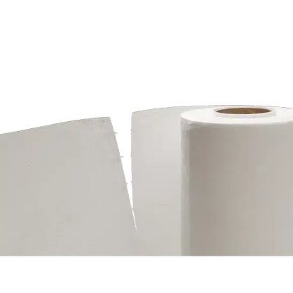 A large roll of Vileda MicroRoll microfiber cloths stands vertically next to a flat, rectangular sheet, both made with endless fiber technology. The roll has a visible cardboard core against a white, object-free background.