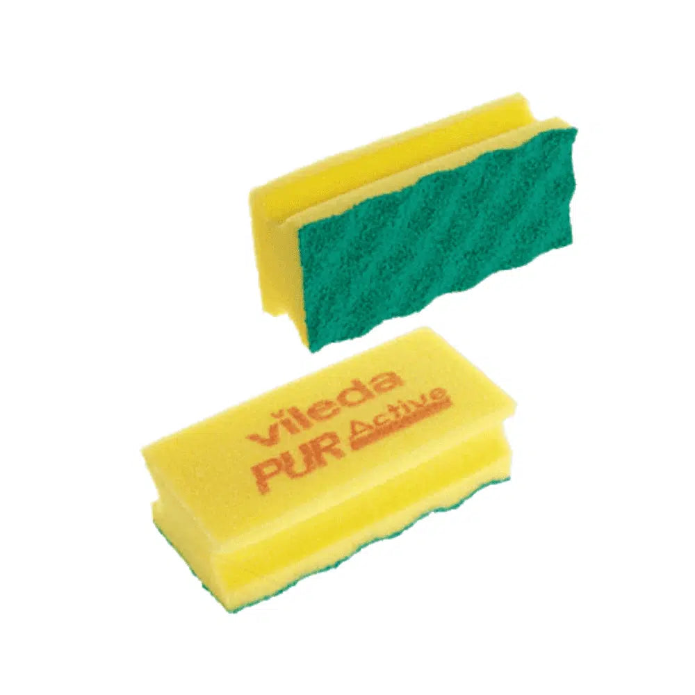 Two rectangular Vileda PUR Active cleaning sponges with a yellow base and green abrasive surface. One sponge bears the text "Vileda PURActive," while the other shows the textured surface. They are made of polyurethane material and provide efficient cleaning, perfect for effortlessly removing stubborn stains.