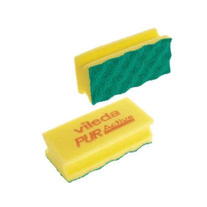 Two rectangular Vileda PUR Active cleaning sponges with a yellow base and green abrasive surface. One sponge bears the text "Vileda PURActive," while the other shows the textured surface. They are made of polyurethane material and provide efficient cleaning, perfect for effortlessly removing stubborn stains.