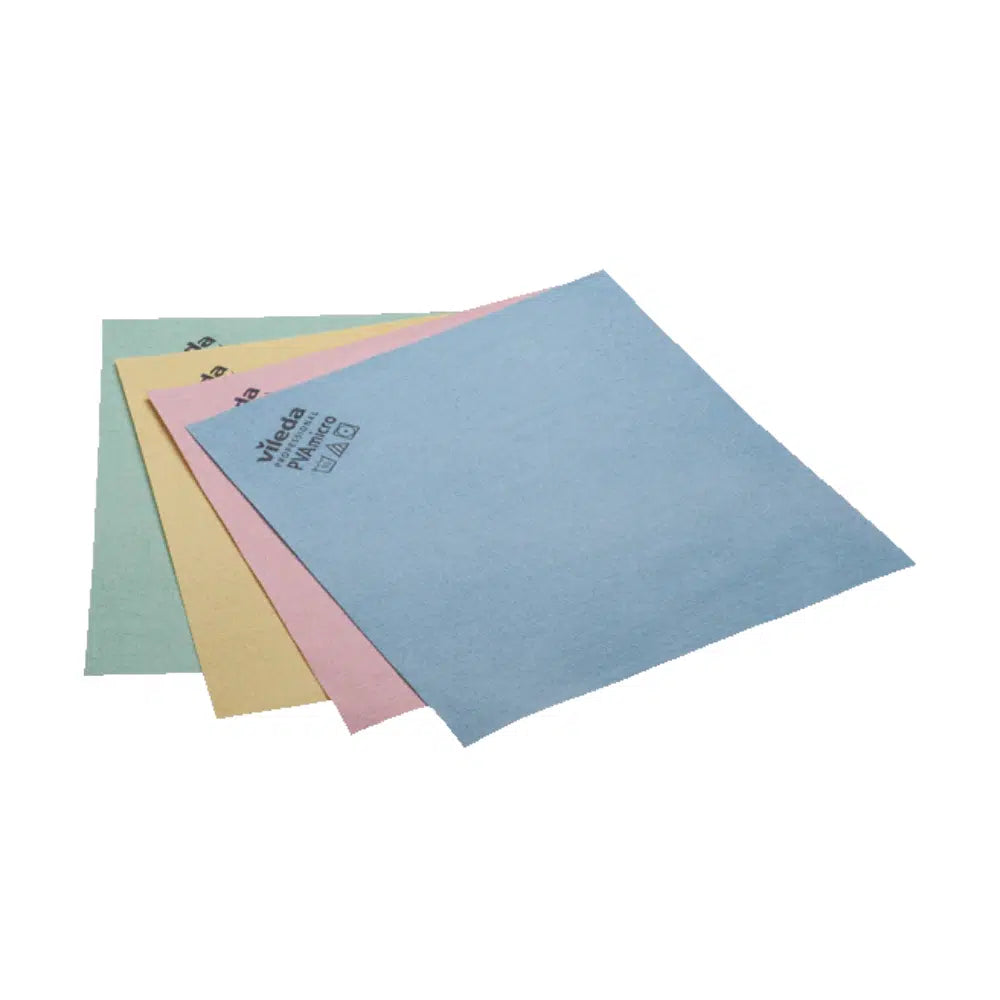 **Rewritten sentence:** 

On a white background, there are three stacked cleaning cloths in green, yellow, and pink, on which there is a blue Vileda Professional PVAmicro microfiber cloth from Vileda GmbH. On the top cloth, there is a printed label with text and symbols.