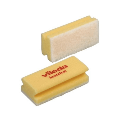 Two rectangular yellow sponges from the Vileda Professional scratch-free sponge - 10 piece set by Vileda GmbH feature white, scratch-free surfaces. One sponge prominently displays the red Vileda logo on the top, guaranteeing scratch-free cleaning in accordance with HACCP guidelines for professional cleanliness.