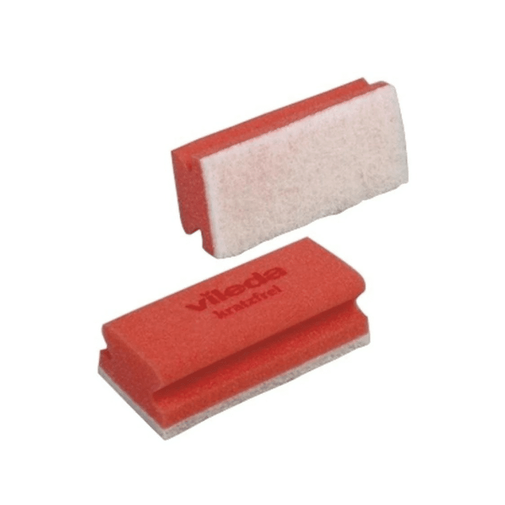 Two Vileda Professional scratch-free sponges from Vileda GmbH, one lying flat, the other standing. Their textured surface ensures a scratch-free cleaning experience. The red side is adorned with a distinctive embossed brand text, making them ideal for adhering to HACCP guidelines in your cleaning routine.