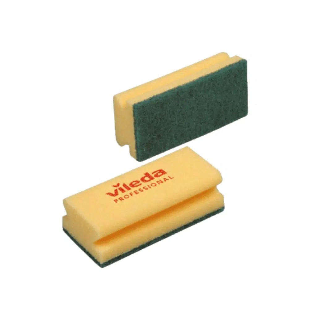 Pictured are two yellow Vileda 'Strong' scrubbing pads, each with a green scouring sponge on one side for effective scrubbing. The inscription 'Vileda Professional' is printed on the yellow surface. One sponge stands upright while the other lies flat, emphasizing the durability of this strong duo.