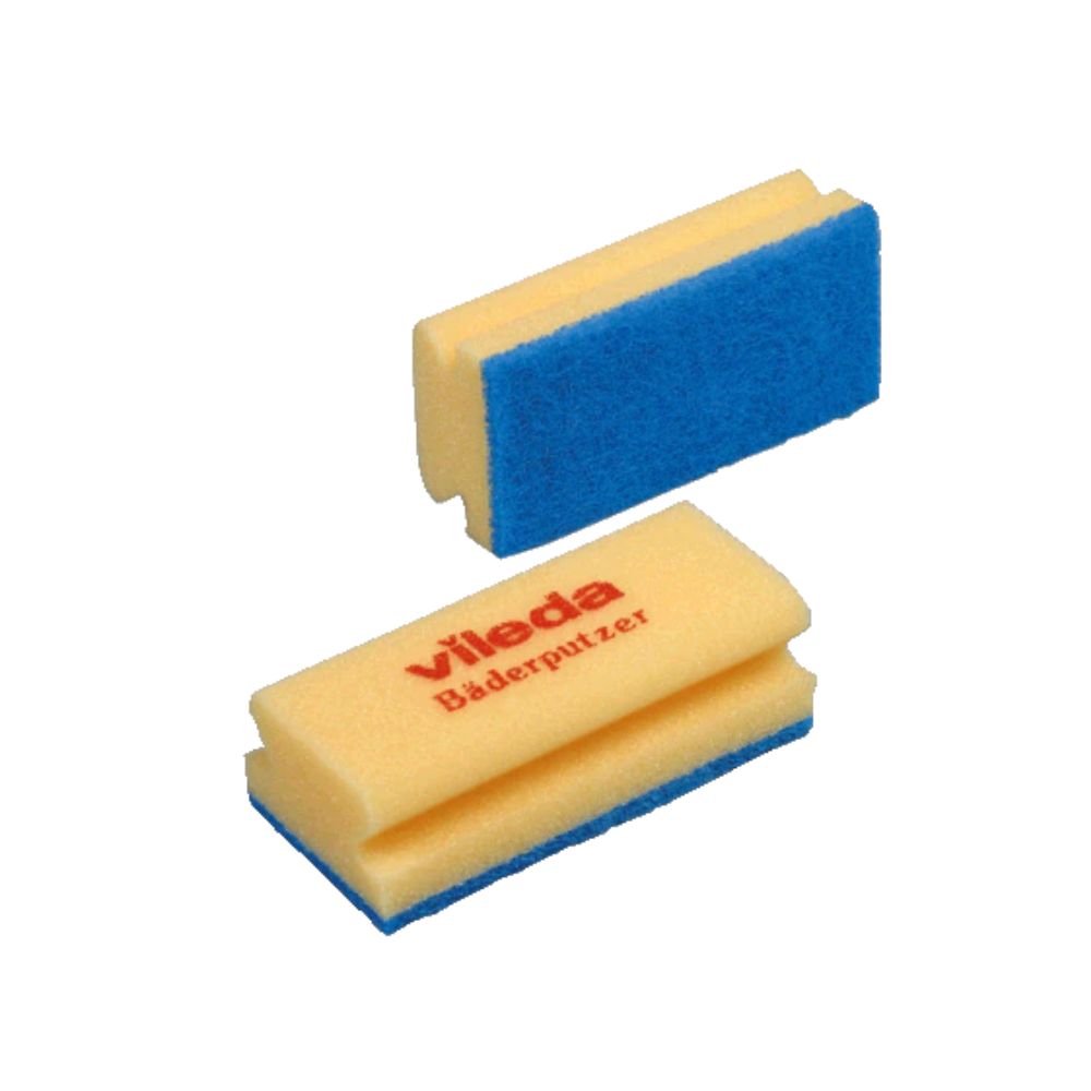 Two Vileda bath cleaners "Soft" cleaning sponges have blue scouring pads on one side and yellow foam on the other side. One sponge stands upright and proudly displays the Vileda GmbH brand in red lettering, ideal for gentle cleaning.