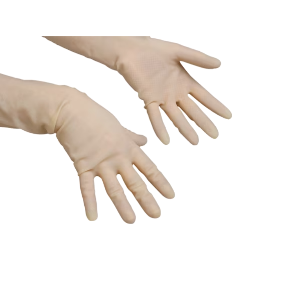 Against a white background, two hands are seen wearing the smooth, beige gloves Vileda Professional Lightweight - The Sensitive by Vileda GmbH. The fingers are slightly spread, and the tight fit is perfect for precision work in healthcare or demanding cleaning tasks.