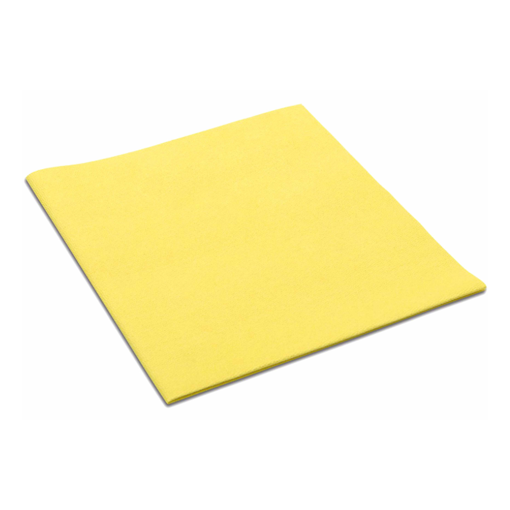 A neatly folded Vileda MicroClean Plus microfiber cloth from Vileda GmbH lies on a plain white background and represents impeccable cleaning performance and unwavering hygiene standards.