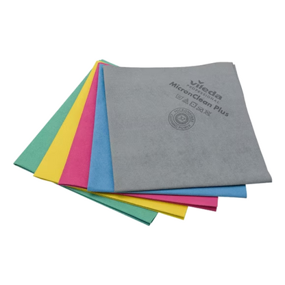 A stack of colorful Vileda MicroClean Plus microfiber cloths from Vileda GmbH in the colors gray, blue, pink, yellow, and green lies on a white background. On top is a gray cloth with the inscription "Vileda MicroClean plus" and some symbols.