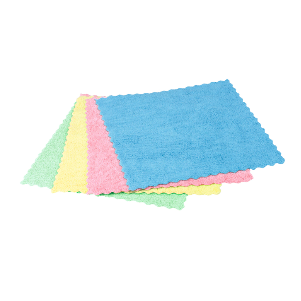 Four colorful Vileda Professional Micro Tuff Easy microfiber cloths from Vileda GmbH – in the colors blue, pink, yellow, and green – are arranged on top of each other. These cleaning cloths have unique wavy edges and are presented against a flawlessly white background.