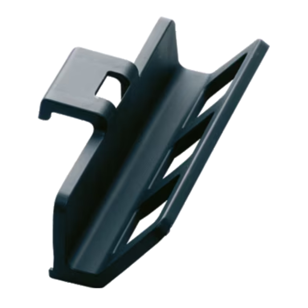 The Vileda Origo 500 mop holder shelf by Vileda GmbH is a black plastic holder with angled slots and a hook tab, for cleaning utensils. Sold as a set with 2 clip connectors in boxes of 5 packs, pictured against a white background.