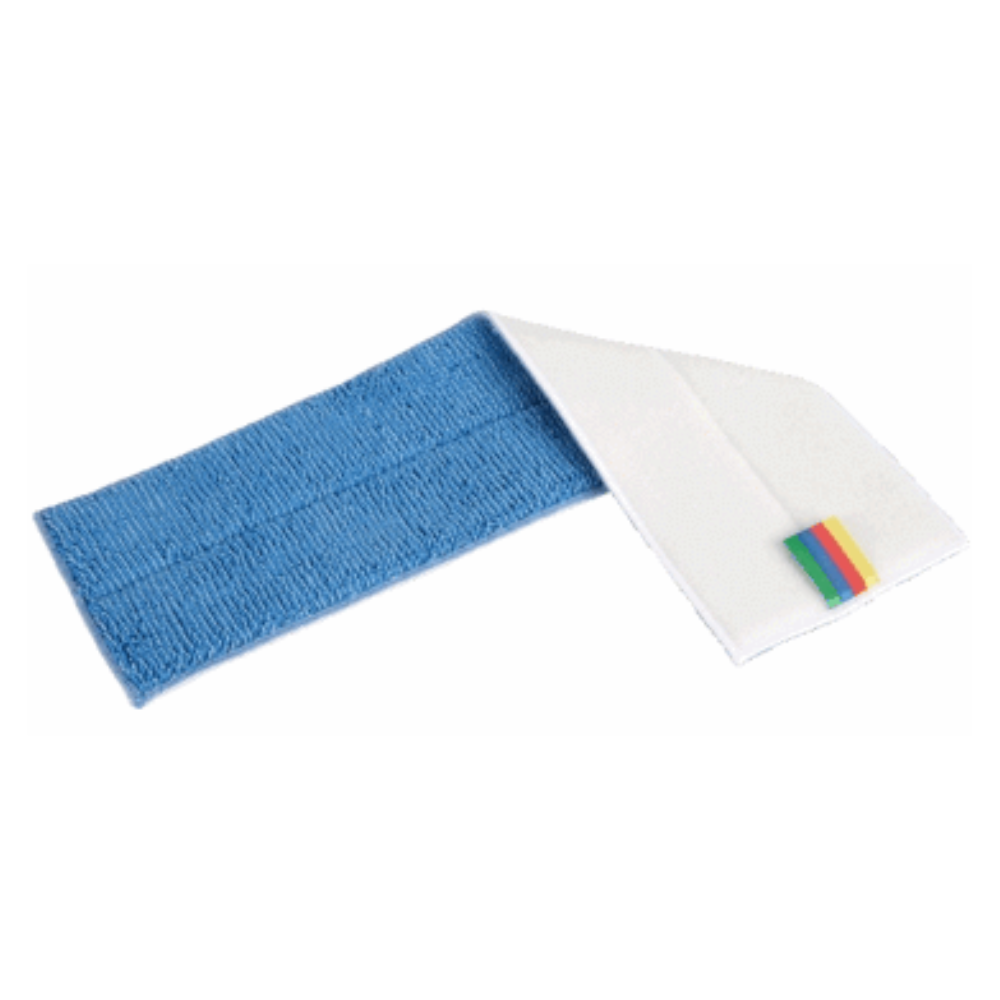 A blue-white Vileda Professional Express BaseLoop Mop, 40 cm, with a folded corner from Vileda GmbH, featuring their advanced technology. The striped label includes a color coding system for easy identification.