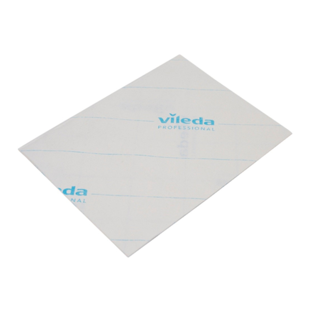 Pictured is a white Vileda Professional MicroOne microfiber cloth with the blue print "Vileda Professional." The rectangular cloth, known for its adherence to strict hygiene standards, lies flat on a white background, ensuring top-notch cleaning results.