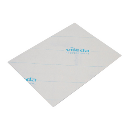 Pictured is a white Vileda Professional MicroOne microfiber cloth with the blue print "Vileda Professional." The rectangular cloth, known for its adherence to strict hygiene standards, lies flat on a white background, ensuring top-notch cleaning results.