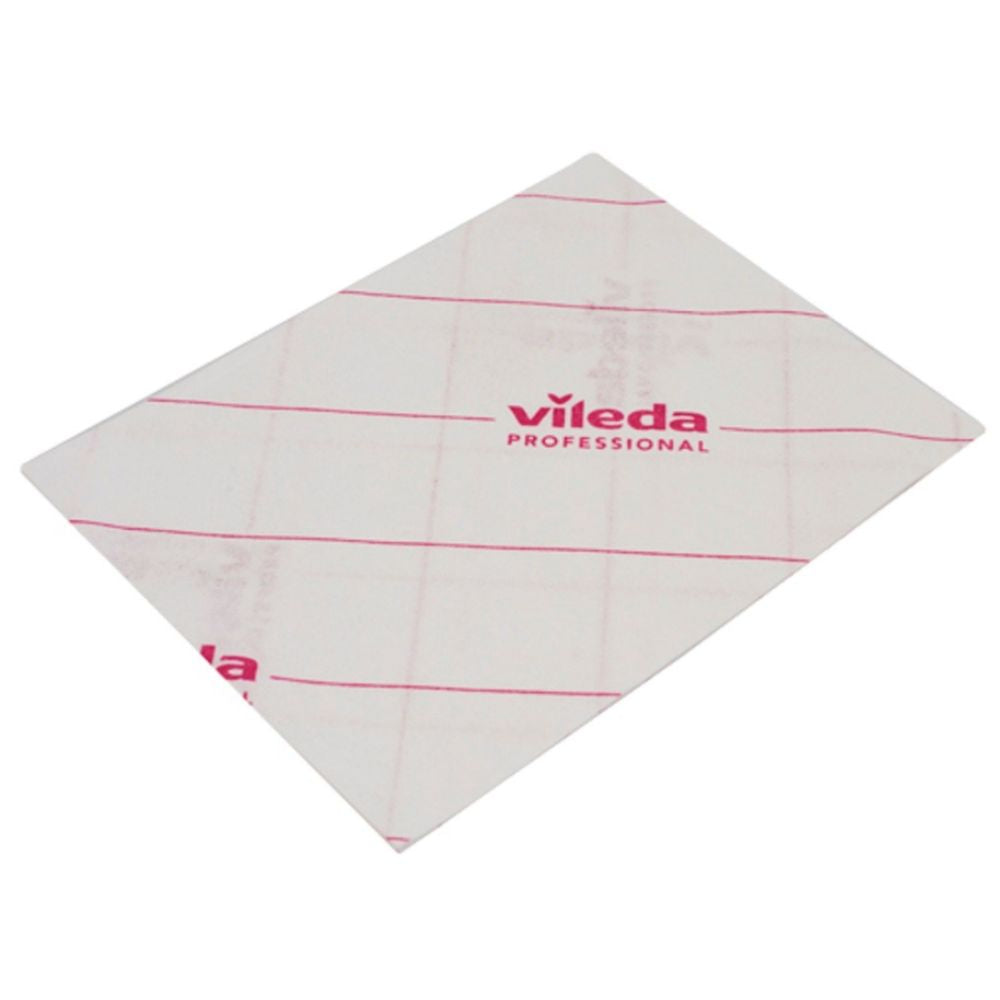 A white Vileda Professional MicroOne microfiber cloth with red lines and red print "Vileda Professional" offers excellent cleaning results and meets strict hygiene standards. The rectangular cloth with dimensions 34 x 27 cm is presented flat on a solid-colored background.