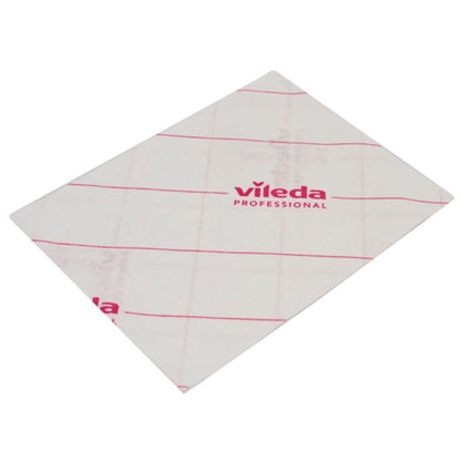 A white Vileda Professional MicroOne microfiber cloth with red lines and red print "Vileda Professional" offers excellent cleaning results and meets strict hygiene standards. The rectangular cloth with dimensions 34 x 27 cm is presented flat on a solid-colored background.