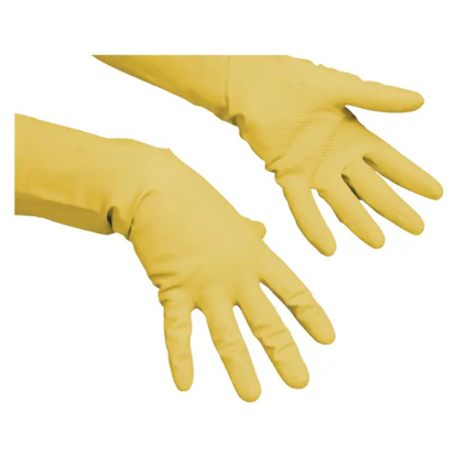 Two Vileda Professional Multipurpose - The Fine All-Purpose Glove in Yellow by Vileda GmbH are depicted on a white background, positioned as if one is worn with the palm facing up and the other facing down. These gloves are perfect for cleaning tasks and offer reliable grip and protection for any task.