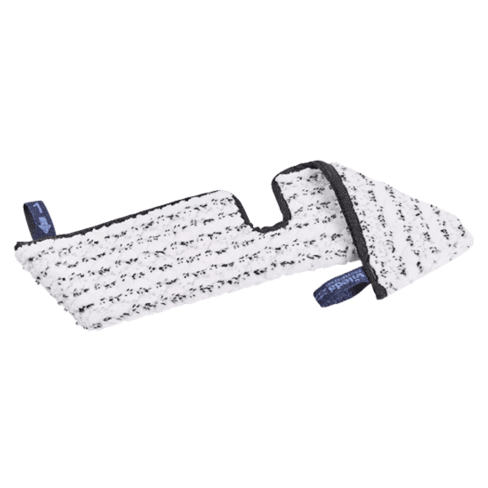 The Vileda Professional Swep Duo HygienePlus Mop from Vileda GmbH is a white-and-black textured cleaning pad in a rectangular shape with a notch and two blue tear-off tabs, designed to deliver optimal performance and effective cleaning results with every use.