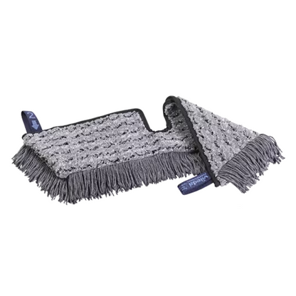 A Vileda Professional Swep Duo r-MicroCombi Mop with a size of 50 cm, manufactured by Vileda GmbH, features a gray microfiber mop head with fringe edges on a white background. The mop head is equipped with two blue markings and a textured surface indicating its cleaning performance.
