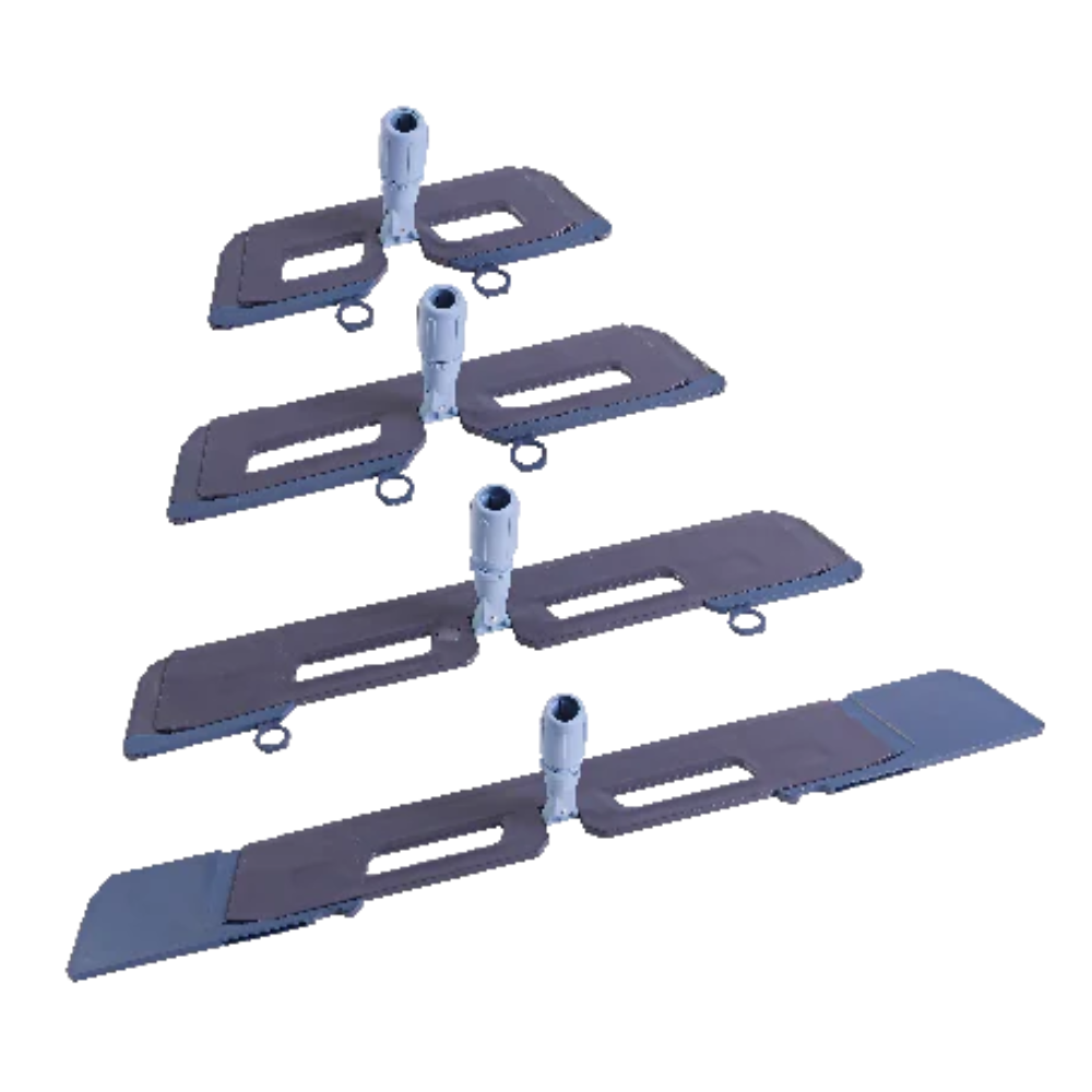 Four Vileda Professional Sweep Mop Holders 50cm from Vileda GmbH, each with a central mount for the handle attachment and two rectangular flat parts, are arranged vertically. The gray mop holders are evenly spaced against a plain white background.