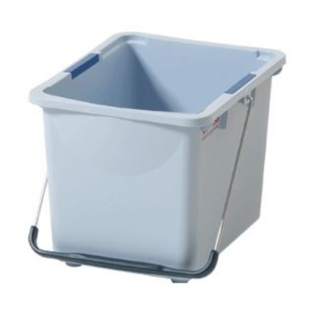 We present the Vileda Professional Bucket from Vileda GmbH: a rectangular, light blue plastic bucket with a metal handle, made of durable plastic. It has a slightly wider top and two small dark blue handles on the sides of the rim, making it an indispensable cleaning tool for all your professional tasks.
