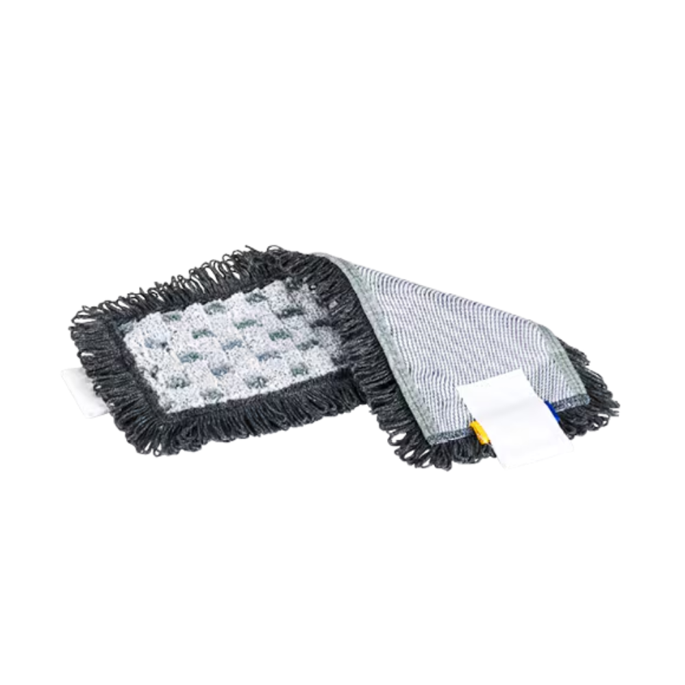 The Vileda Professional UltraSpeed Pro r-MicroSpeed Max Mop by Vileda GmbH features a black-gray 4D cleaning structure with textured surfaces and fringe edges, allowing for dual-sided use. Its high-quality microfiber velour construction ensures durability and is designed for easy attachment to a mop handle.