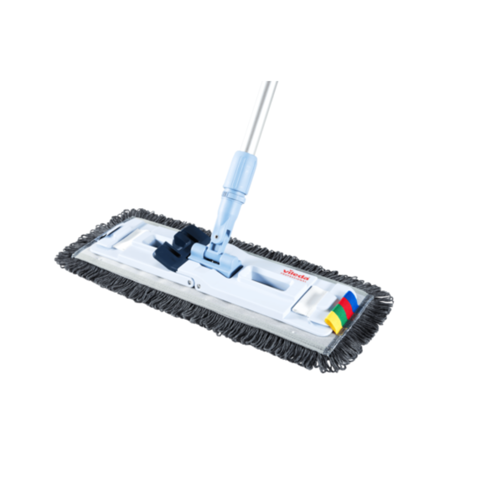 The Vileda Professional UltraSpeed Pro r-MicroSpeed Max Mop by Vileda GmbH features a rectangular mop head with gray fringes and high-quality microfiber velour construction, attached to a long metal handle. It has colorful tabs for easy organization, and the blue joint on the handle allows for angle adjustment.