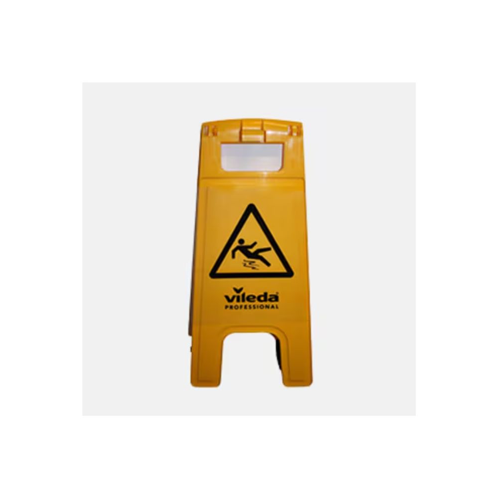 The warning sign "Slippery Surface" by Vileda GmbH shows a black slippery surface symbol on a yellow background and serves as an important sign to warn of slippery surfaces.