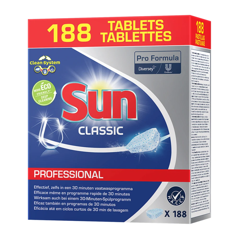 A box of SUN Professional Classic Tabs, dishwasher cleaner tabs from Diversey Deutschland GmbH & Co. OHG, with 188 tabs. The packaging displays the logos of Pro Formula and Diversey with multilingual text. It is designed in a blue-white color scheme and emphasizes the environmentally friendly brand as well as the glass protection for your dishes.