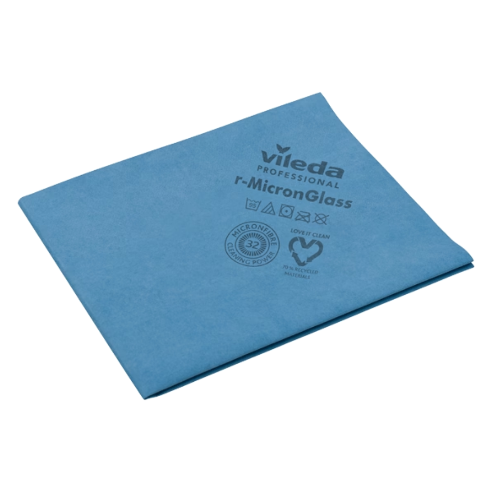 A blue Vileda Professional r-MicronGlass glass cloth measuring 50 x 40 cm is neatly folded and highlights its cleaning performance. The cloth displays printed symbols and texts that emphasize its advanced microfibers, which are developed for professional use and ensure efficient and environmentally friendly cleaning.