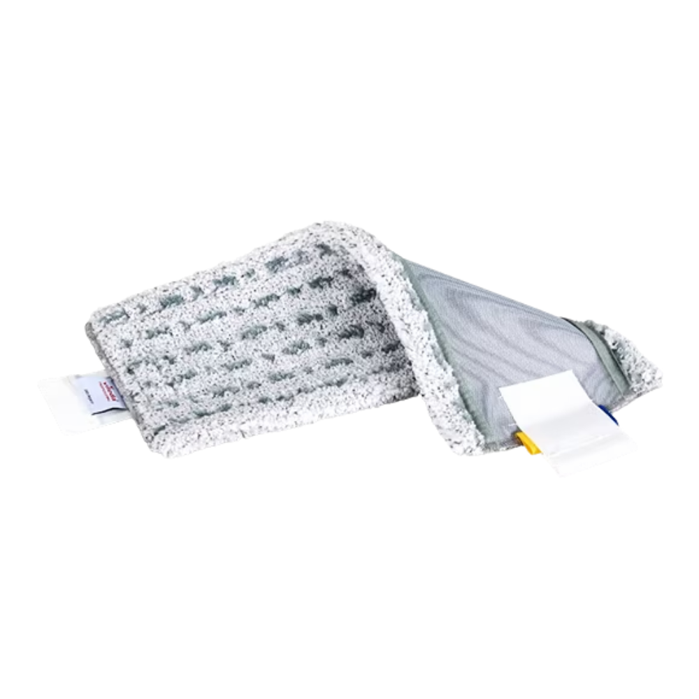 A gray textured cleaning cloth, the Vileda Professional UltraSpeed MicroLite max - 40 cm from Vileda GmbH, is partially folded to show its inner layer. It features labels at one end with care instructions and product information for convenient use and care.