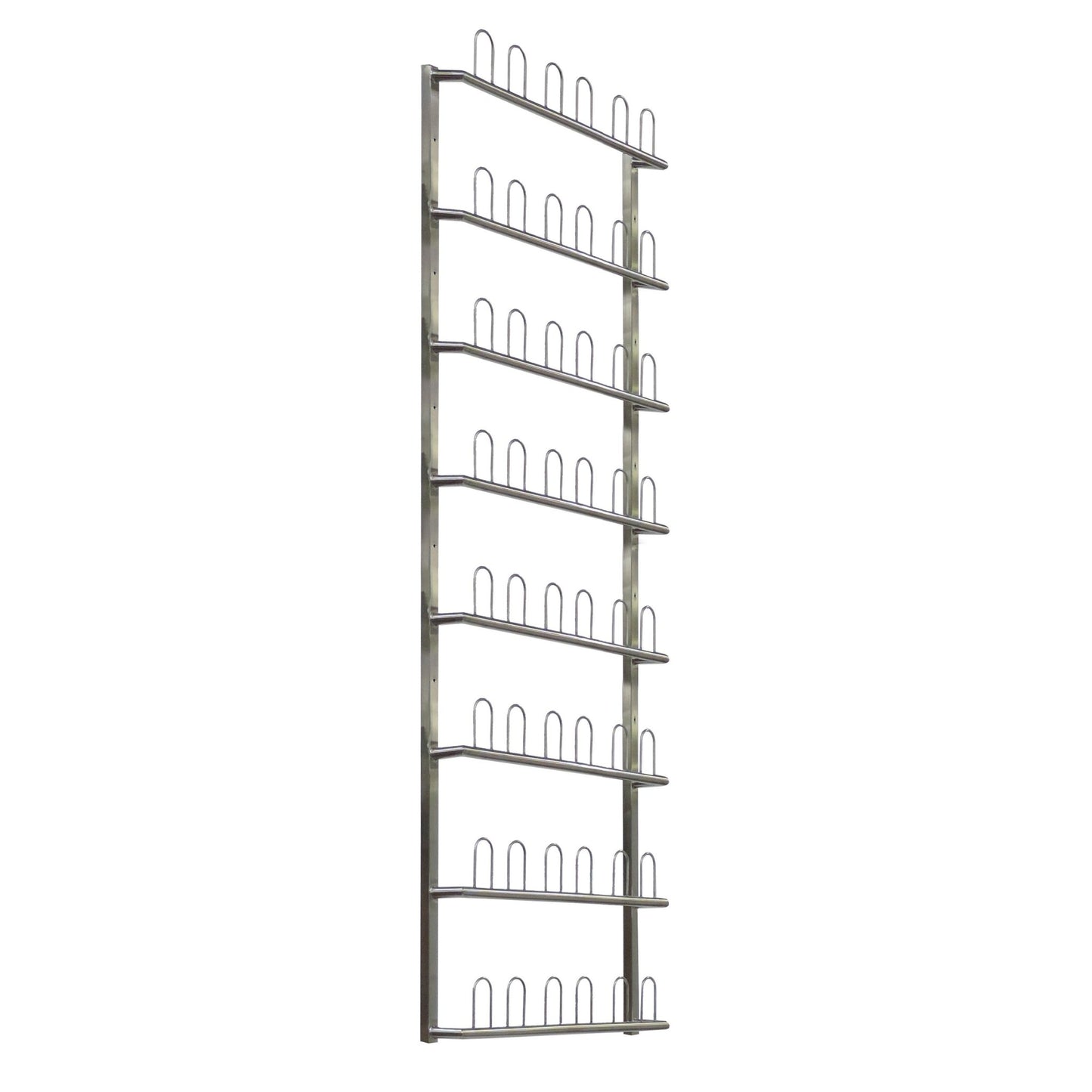 The Novocal wall shelf for operating room shoes made of stainless steel offers space for 24 pairs of shoes. With eight shelves and U-shaped dividers, the shoes are stored securely and clearly in a vertical arrangement. Dimensions: 755 x 130 x, Package: 1 piece.