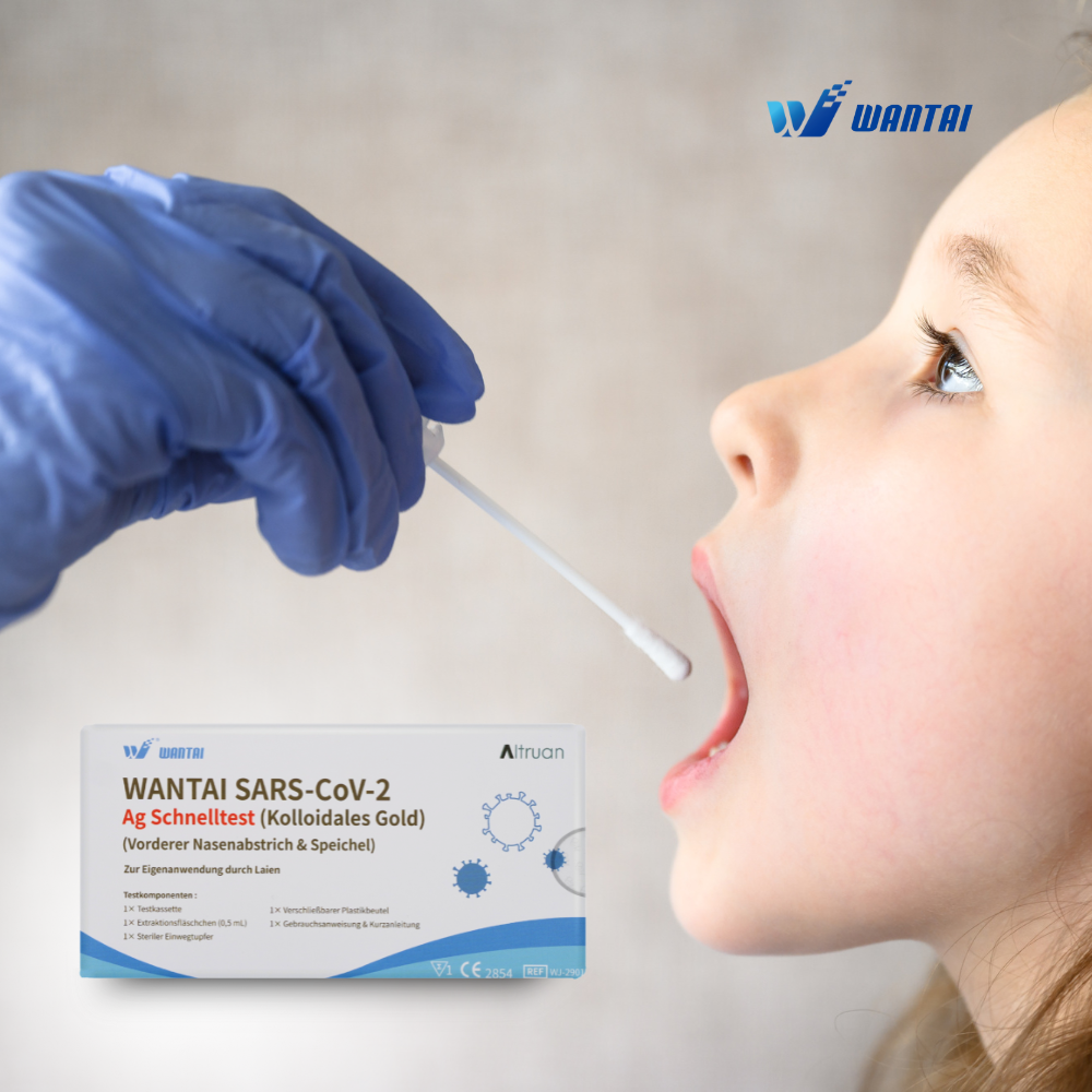 A medical staff member with a blue glove prepares to swab a child's mouth with the Wantai SARS-CoV-2 rapid test, lollipop test (Colloidal Gold) CE/2854, for a quick antigen test. The packaging, ideal for daycare and school test applications, is prominently visible in the foreground.