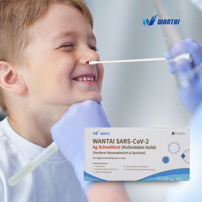 A child smiles as a gloved healthcare worker performs a nasal swab test. In the foreground, a box labeled "Wantai SARS-CoV-2 rapid test, lollipop test (Colloidal Gold) CE/2854" from Wantai highlights its suitability for testing in daycares and schools and ensures safety with this COVID-19 antigen rapid test.