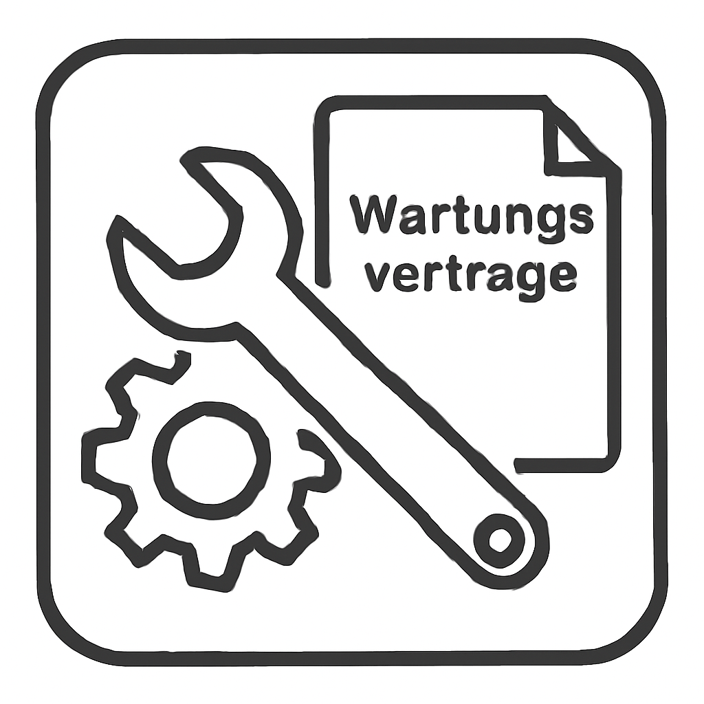 Schwarz-weißes Symbol mit einem Schraubenschlüssel und einem Zahnrad über einem Dokument mit der Aufschrift "Wartungsverträge" hebt die Merkmale des Diversey TASKI Ultimaxx 900 IntelliCheck hervor, Basis-Wartungsvertrag für die Ultimaxx 900 | Packung (1 Stück).