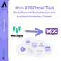 An infographic for the Shopify B2B Order Tool by Altruan shows the logos of Altruan and Shopify and highlights the Shopify integration. The German text explains features such as customer-specific prices, order reminders, and custom prices with clear icons.