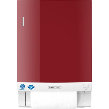 The CWS front panel for the Dry Slim fabric towel dispenser is a red and white wall panel with a partially exposed roll at the bottom and a certification sticker in the lower left corner.