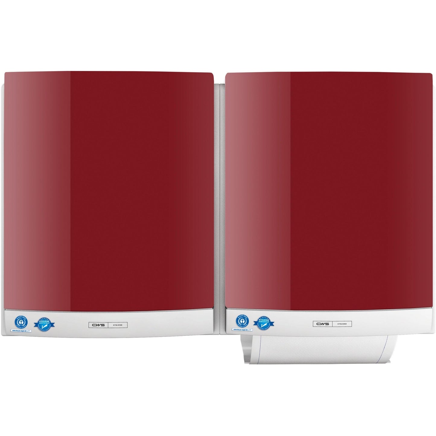 Two red CWS front panels for DUO fabric towel dispensers with silver bases and blue certification stickers are mounted side by side on the wall. One front panel shows a partially dispensed towel for easy towel retrieval.