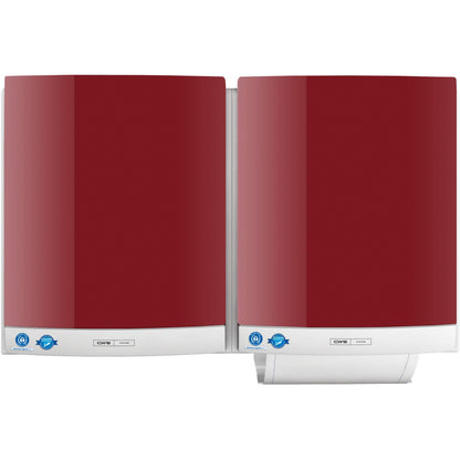 Two red CWS front panels for DUO fabric towel dispensers with silver bases and blue certification stickers are mounted side by side on the wall. One front panel shows a partially dispensed towel for easy towel retrieval.