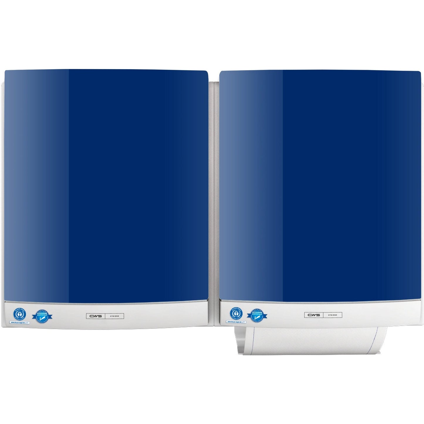 A pair of CWS front panels for DUO fabric towel dispensers from CWS, wall-mounted in blue and white, with visible control panels and certification stickers, designed for hygienic use.
