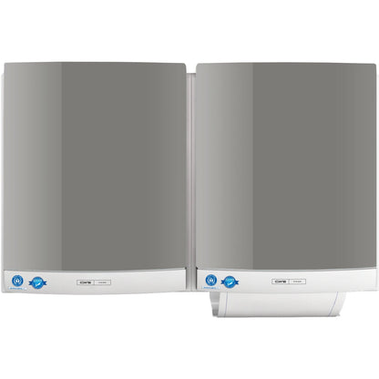 Two wall-mounted CWS front panels for DUO fabric towel dispensers with gray high-gloss fronts and white bases stand side by side, each equipped with a blue round sticker and control buttons for easy towel dispensing.