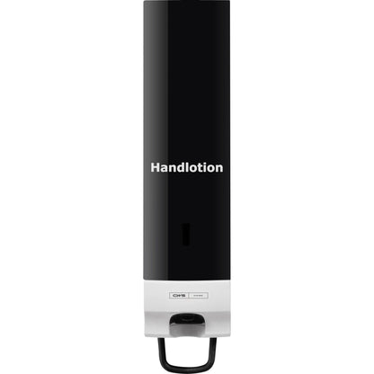 The CWS front panel for Foam Slim soap foam dispensers is a black-white wall dispenser with an elegant design, bold lettering "Hand lotion" on the CWS front panel, as well as a lever and a small display at the bottom.