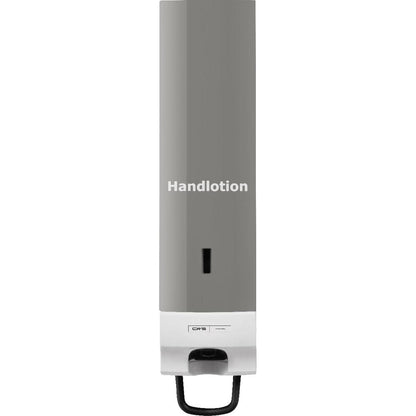 The CWS front panel for Foam Slim soap foam dispensers is a gray-white wall dispenser with an elegant appearance, a viewing window, a black dispensing lever, and the inscription "Hand lotion". With the practical CWS front panel design.