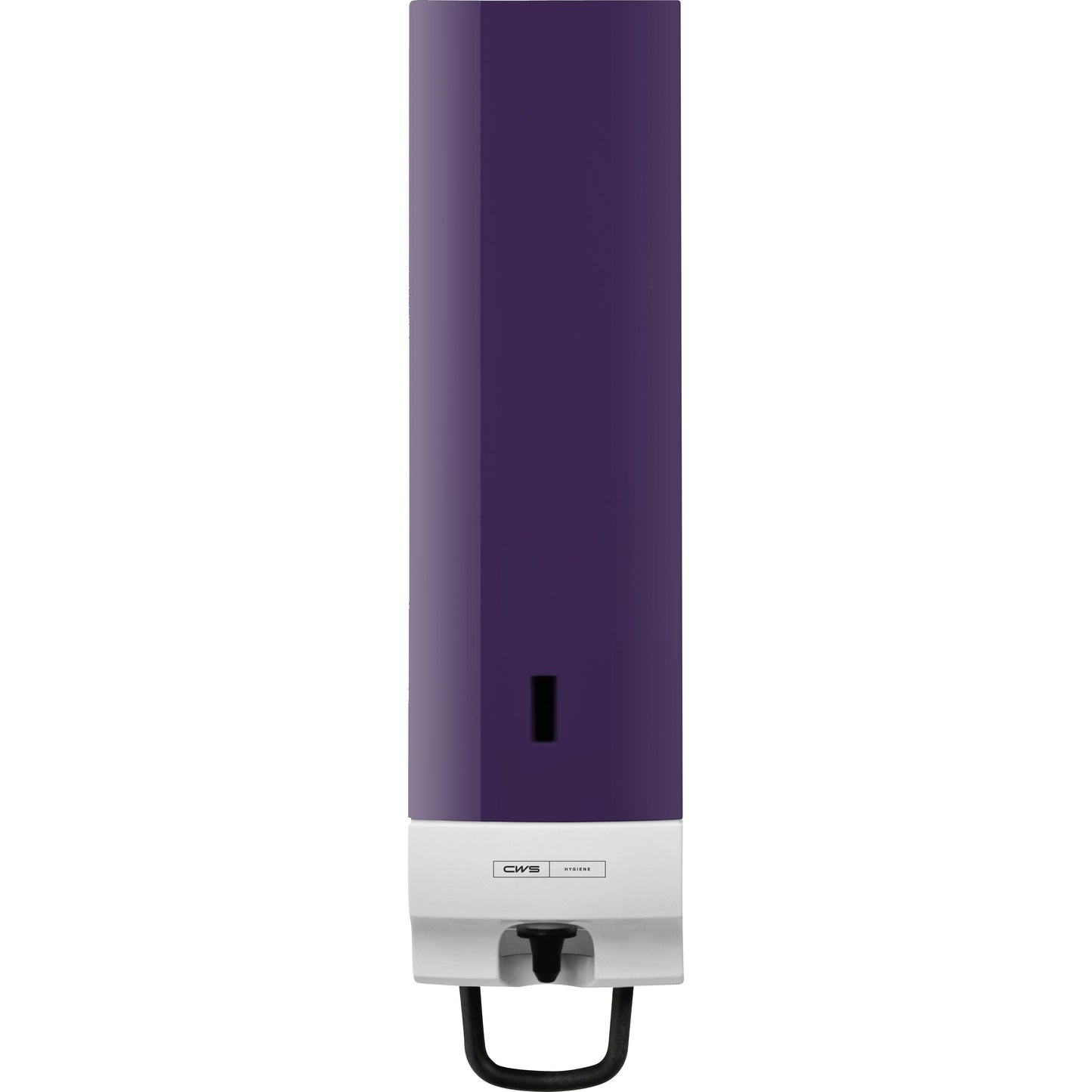 The CWS front panel for Foam Slim Non-Touch soap foam dispensers has a rectangular, wall-mounted design with a dark purple top, a white bottom, a black push lever, and a small rectangular window in the middle.