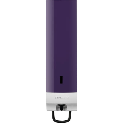 The CWS front panel for Foam Slim Non-Touch soap foam dispensers has a rectangular, wall-mounted design with a dark purple top, a white bottom, a black push lever, and a small rectangular window in the middle.