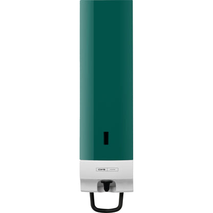A wall-mounted, rectangular CWS front panel for Foam Slim Non-Touch soap foam dispensers features a dark green front plate, a white base, and a lower lever for dispensing. The CWS logo is on the front of the base.