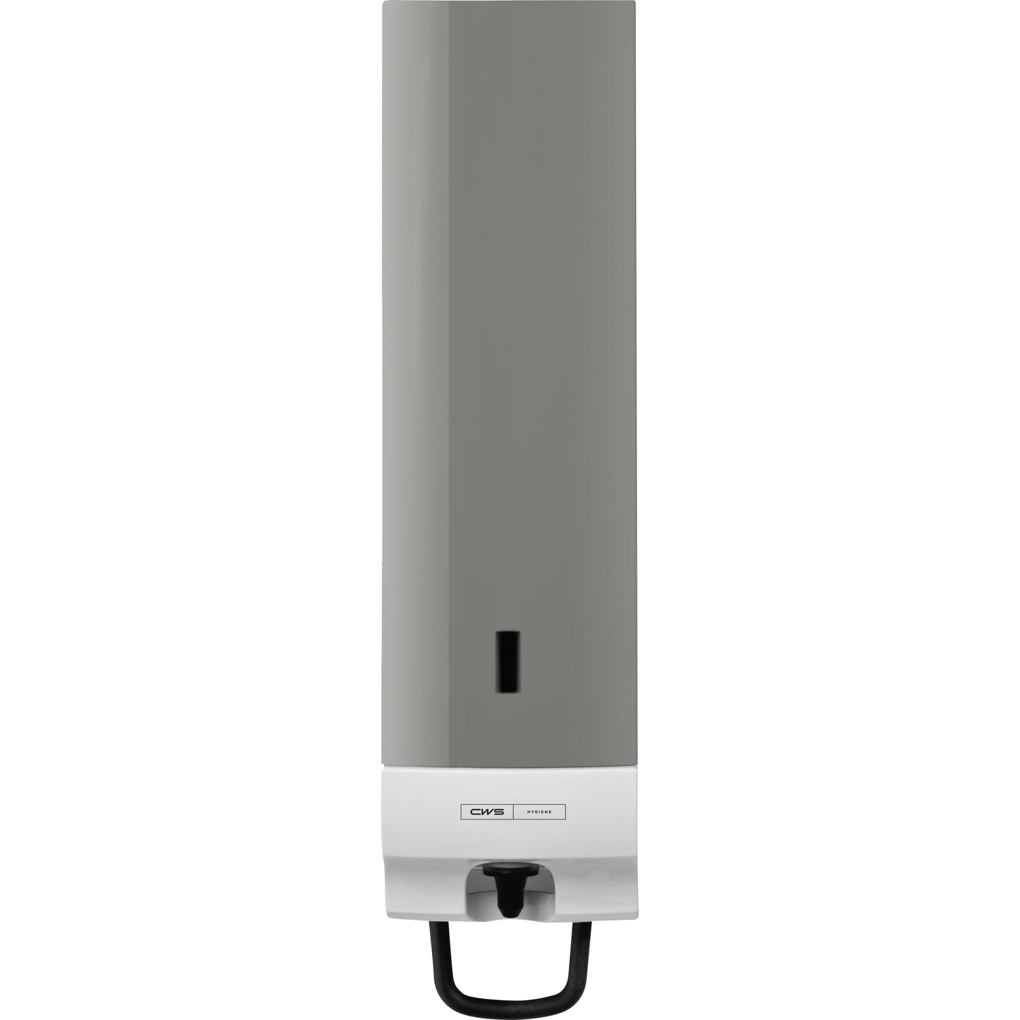 The CWS front panel for Foam Slim Non-Touch soap foam dispensers is a wall-mounted, rectangular dispenser with a gray front, small vertical window, and white bottom with CWS logo.