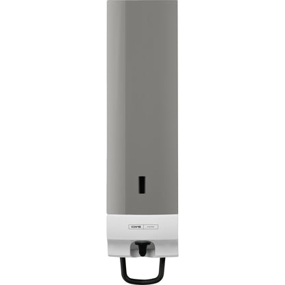 The CWS front panel for Foam Slim Non-Touch soap foam dispensers is a wall-mounted, rectangular dispenser with a gray front, small vertical window, and white bottom with CWS logo.