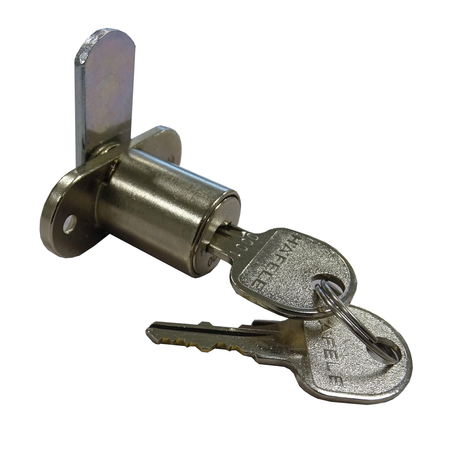 Pictured is a Novocal cylinder lock for door or drawer (1 piece) with two keys in the lock, attached to a metal ring. The Novocal cylinder lock set rests on a white background.