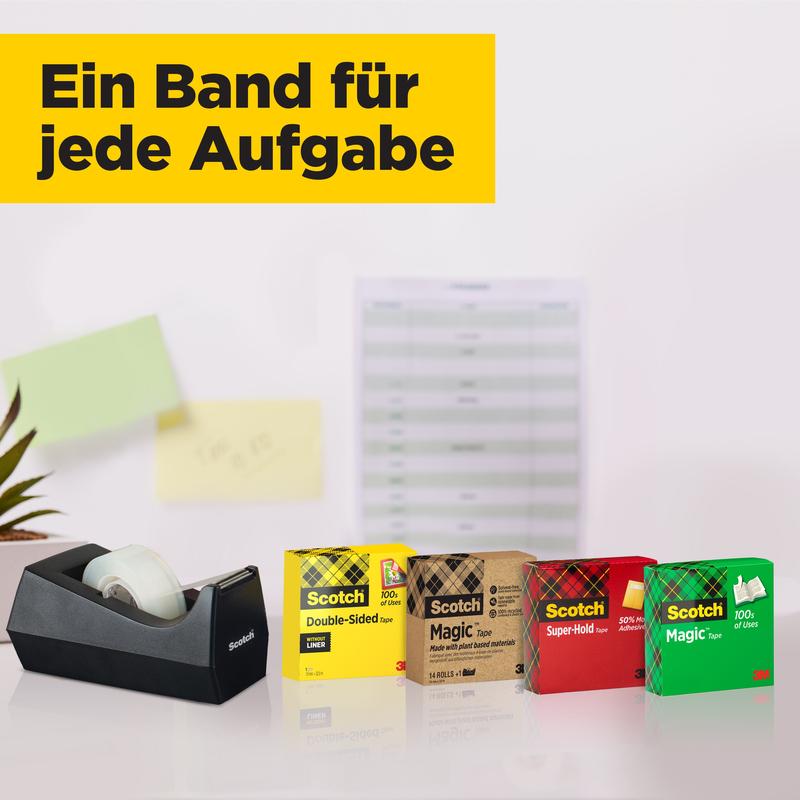 A black tape dispenser and five Scotch tape packages - including Scotch® Magic™ Invisible Tape, value pack (24 rolls, 19 mm x 33 m) from 3M Deutschland GmbH - are arranged on a white background; blurred sticky notes and a chart appear in the background.